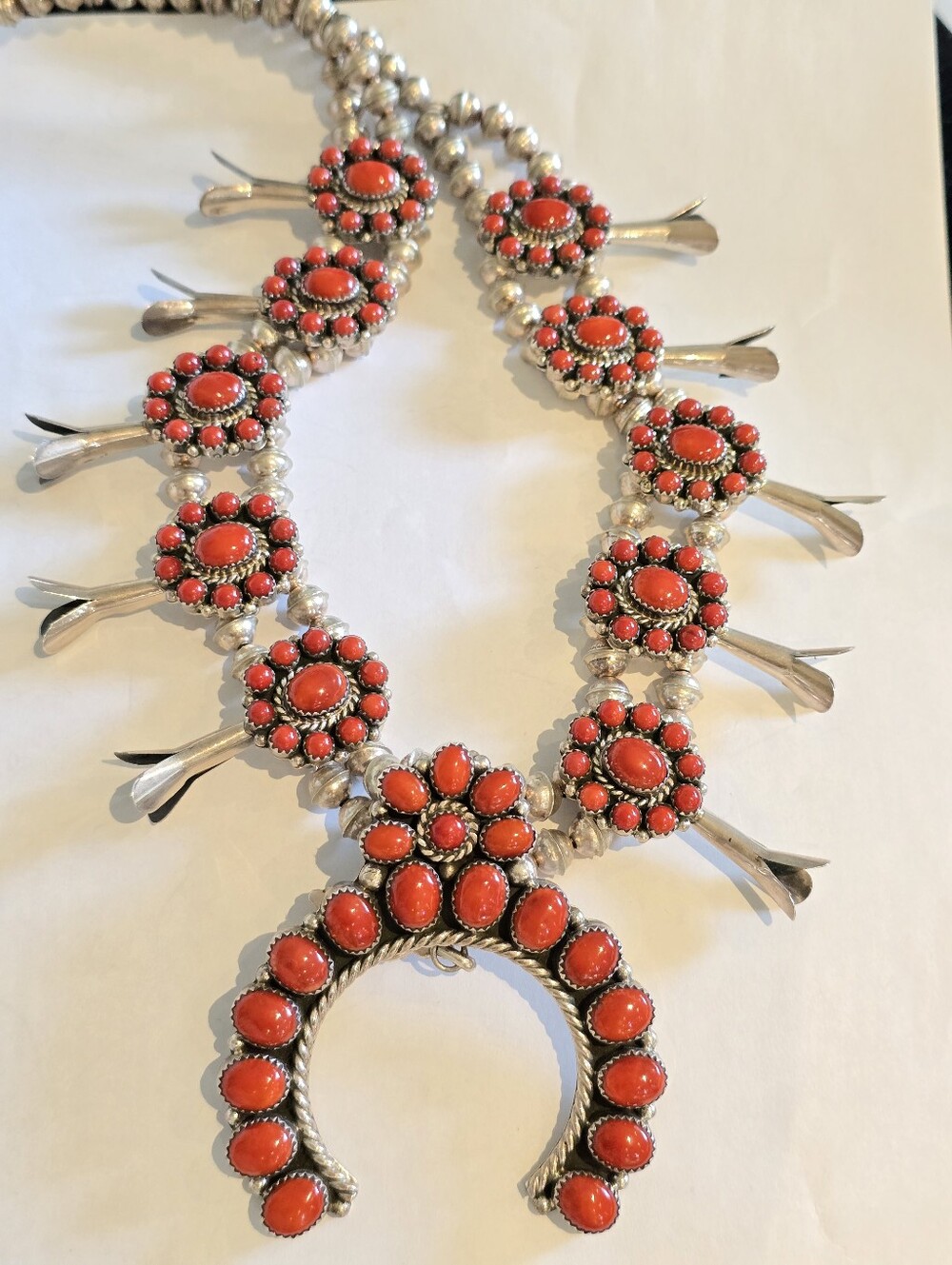 Vintage Navajo Coral Squash Blossom Necklace, Sterling Silver